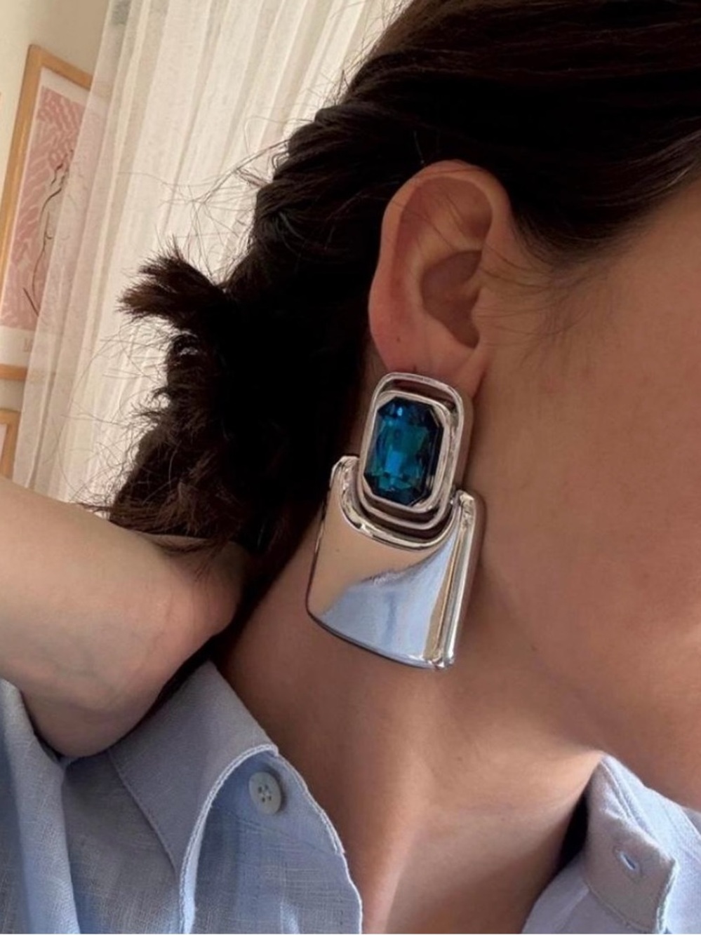 Silver-Tone Drop Earrings with Blue Crystal Accent